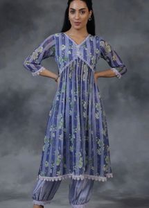 Stylish Blue Floral Striped Kurta Set