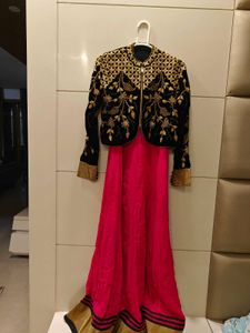Embroidered Black Velvet Jacket with pink gown