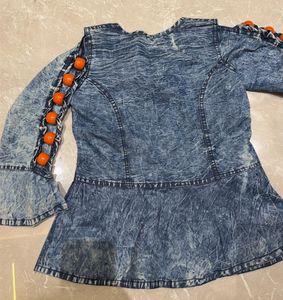 Denim Bell Sleeve Tunic with Orange Embellishments
