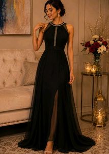 Elegant Black Embellished Neck Gown