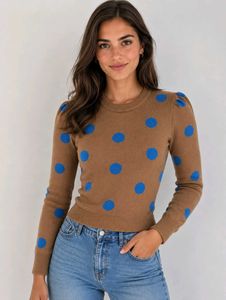 Tan color sweater top with blue dots