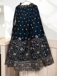 Elegant Navy Blue Velvet Embroidered Lehenga Set