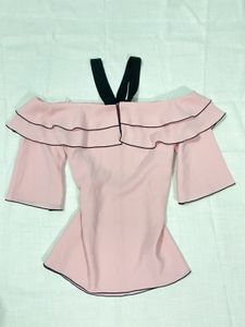 baby pink Off-Shoulder Ruffle Top