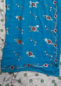 Blue Saree with Floral Embroidery