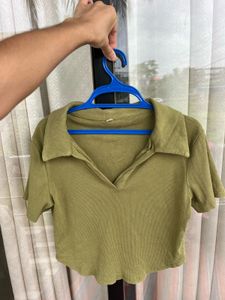 Stylish Olive Green Cropped Polo Top