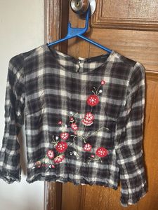Plaid Floral Embroidered Top