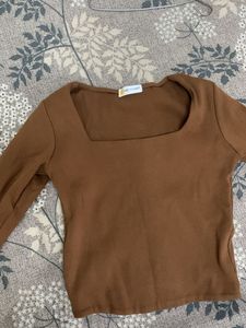 Brown Square Neck Long Sleeve Top