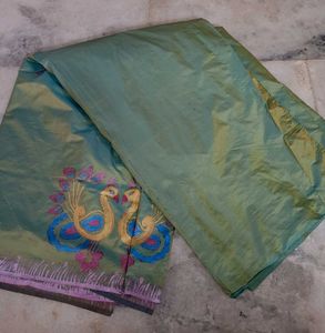 Olive Green Silk Saree with Peacock Motif