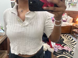 Ribbed Cropped Polo Shirt