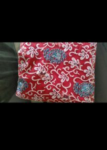 Red Saree with White &amp; Blue Print