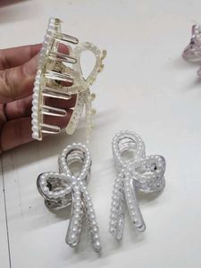 Pearl Bow Hair Claw Clips - Set of 3