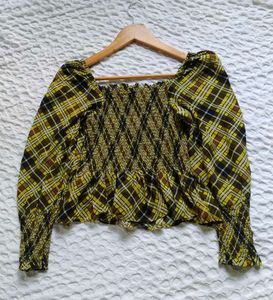 Smocked Plaid Off-Shoulder Top