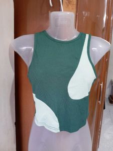 Green Colorblock Ribbed Tank Top