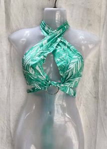 Green Leaf Print Halter Bikini Top