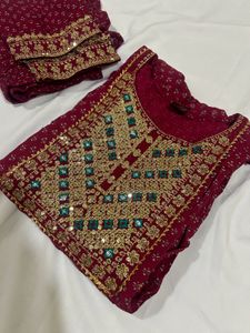 Maroon Embroidered Kurta Set with pant