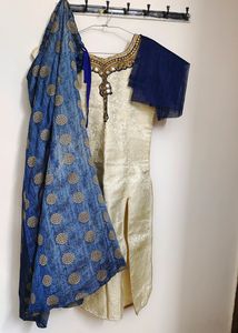 Cream Top And Blue Skirt Ethnic Wear