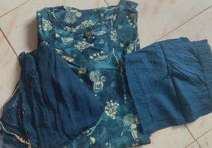 Teal umbrella side cut chudidar Set with Pants and