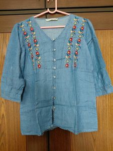 Embroidered V-neck Denim Top