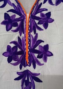 Elegant White Kurta with Purple Embroidery