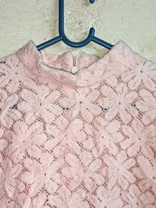 Pink Lace Mock Neck Top Sheer