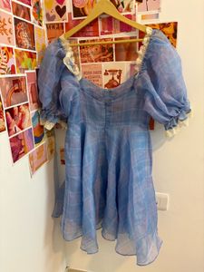 Blue Plaid Mini Dress with Lace Trim