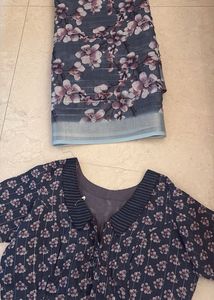 Navy collar floral Print Saree Blouse &amp; Fabric