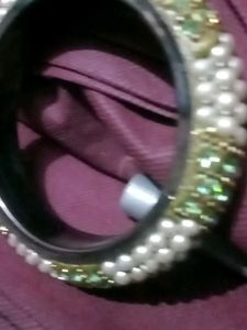 Elegant Pearl and Green Stone Bangle