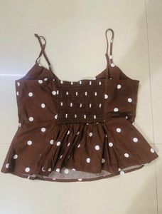H&amp;M Brown Polka Dot Peplum Strappy Top