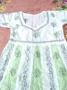 White &amp; Green Embroidered Dress