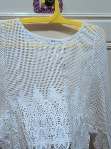 White Crochet Fringe Top
