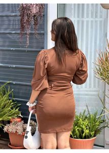 Chic Brown Shirt Dress with Puff Sleeves