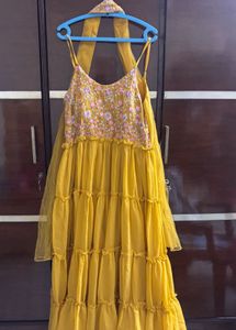 Yellow Tiered Embroidered Gown with Dupatta