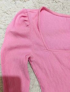 Pink Ribbed Puff Sleeve Top