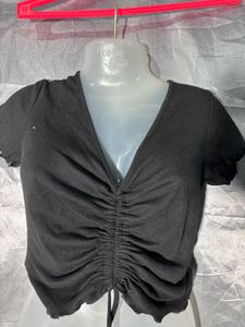 Ally Black Ruched Drawstring Top