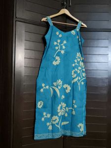 In Stree Teal Blue Cotton Embroidered Kurta Set