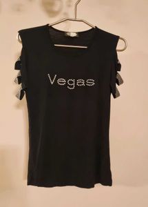 BLACK CHIC PARTY BLING T SHIRT Cutout Sleeve XS
