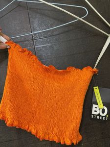 Vibrant Orange Smocked Tube Crop Top