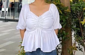 White Puff Sleeve Ruched Front Top