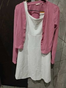 Ribbed Pink Knit Cardigan with White Dress