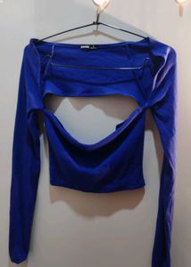 Blue Cut-Out Long Sleeve Crop Top
