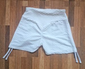 White Textured High-Waisted Shorts with adjustable