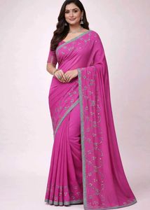 Lace Border Mirror HandWork Pink Saree,&amp; Petticoat