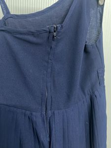 Navy Blue Pleated Dress with Colorful Trim