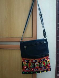 Embroidered Denim Sling Bag