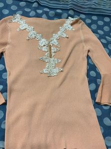 Elegant Lace Trimmed Peach Ribbed Top