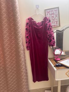 Elegant Velvet Dress with Sheer Floral Sleeves