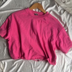 Hot Pink drawcord hem Cropped T-Shirt