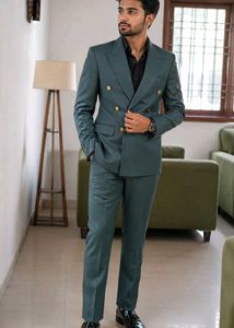 Premium Teal Green Double-Breasted Coat Pant Suit