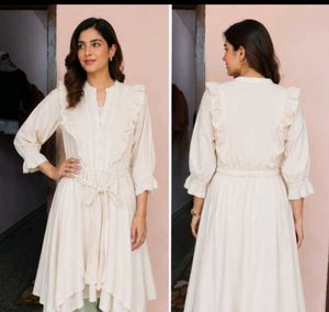 Ellos Cream Ruffled A-Line Midi Dress