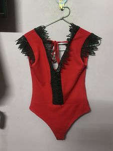 Red Lace Trim Bodysuit